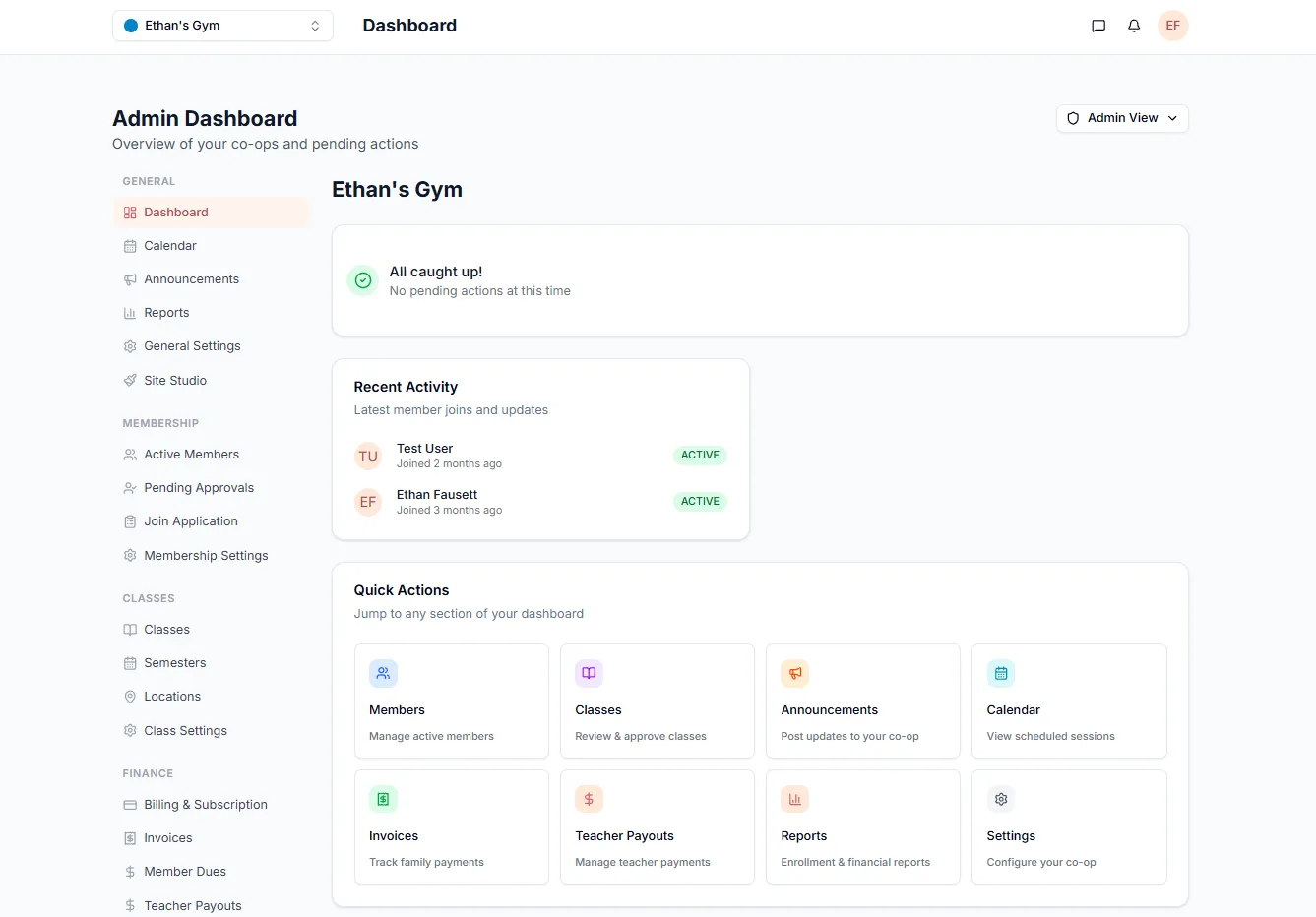 The Cooperative Compass admin dashboard, showing co-op navigation, recent member activity, and quick actions.