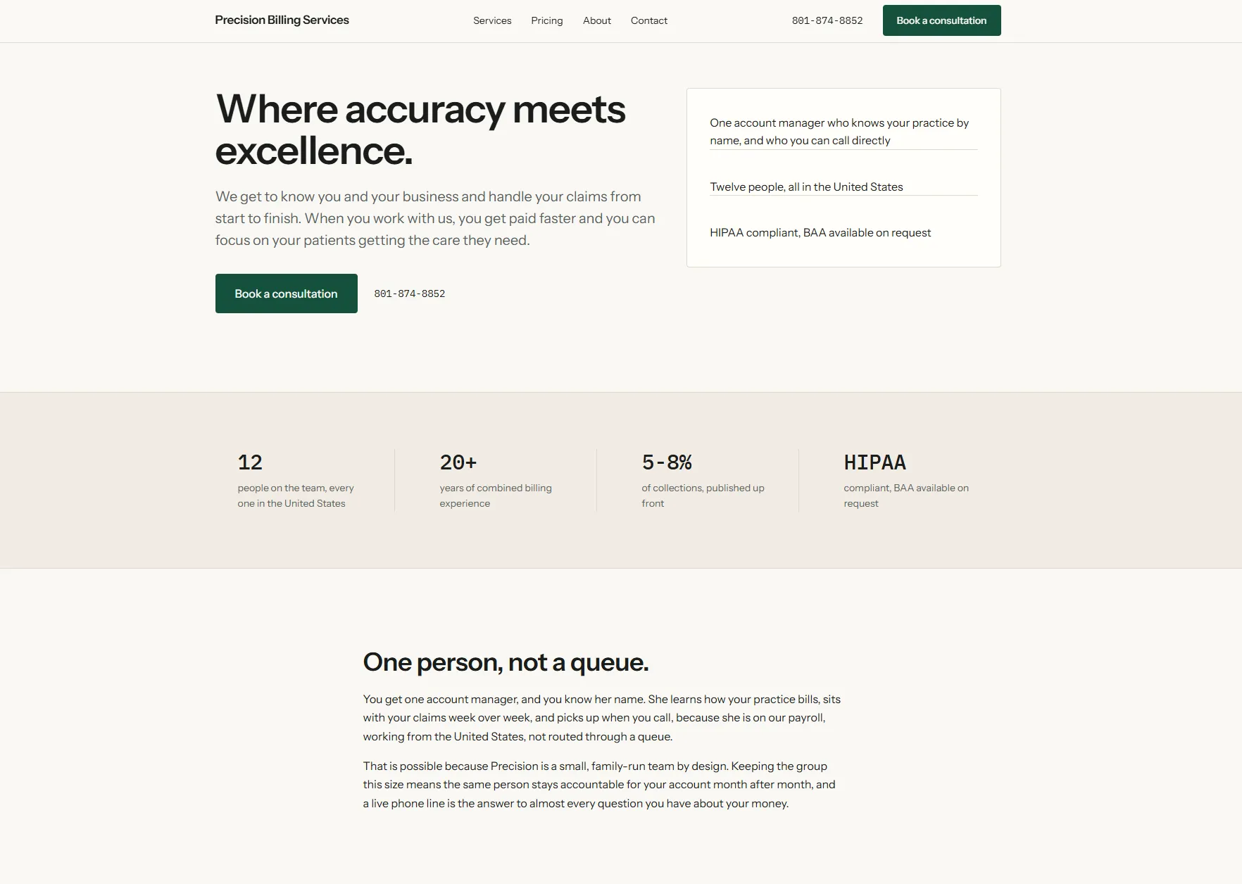 The Precision Billing Services home page: the headline “Where accuracy meets excellence”, a panel listing a named account manager, a twelve-person U.S. team and HIPAA compliance, and a row of figures below it.