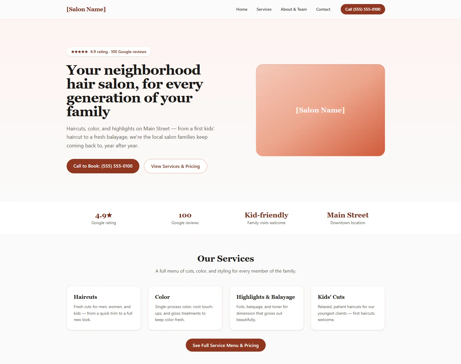 The salon template home page: the headline “Your neighborhood hair salon, for every generation of your family”, a call-to-book button beside the salon’s Google rating, and four service cards below for haircuts, colour, highlights and kids’ cuts.
